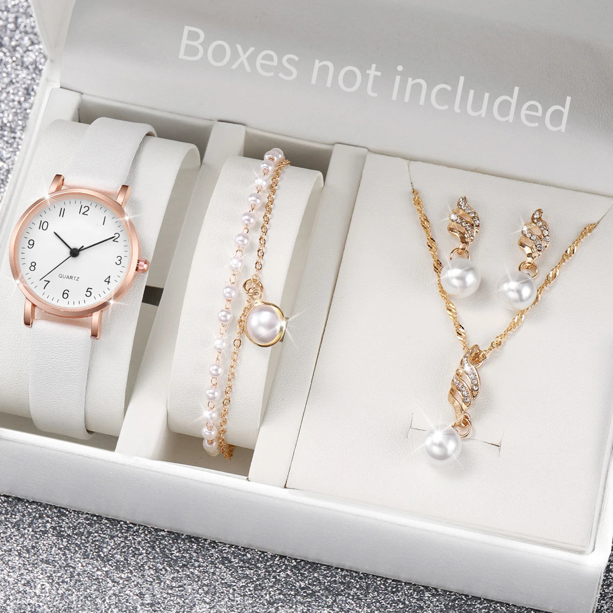 5-Piece Women's White Leather Quartz Watch & Solitaire Diamond Jewelry Set | Tennis Bracelet, Ring & Necklace