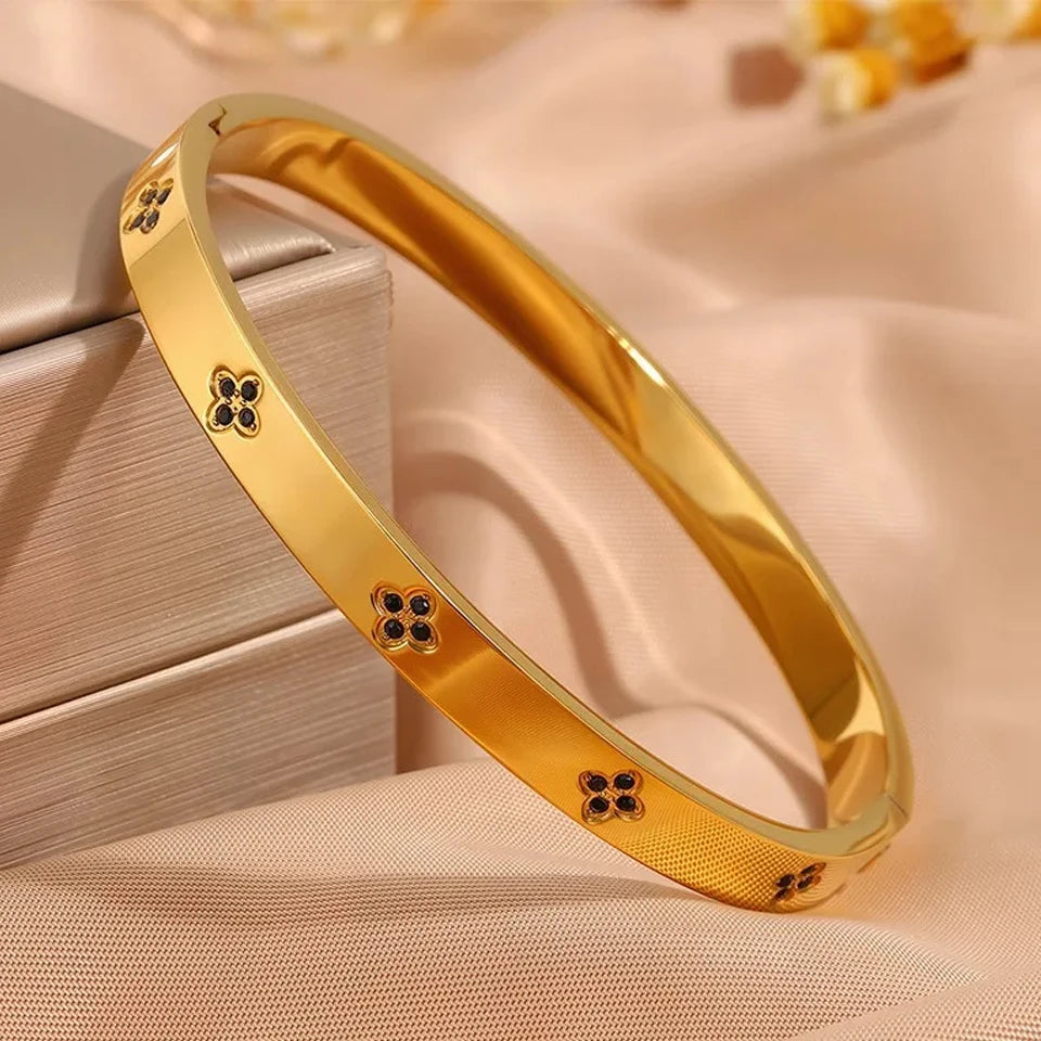 Stainless Steel Zirconia Bangle Set | Non-Fading Gold Stacking Bracelets for Women