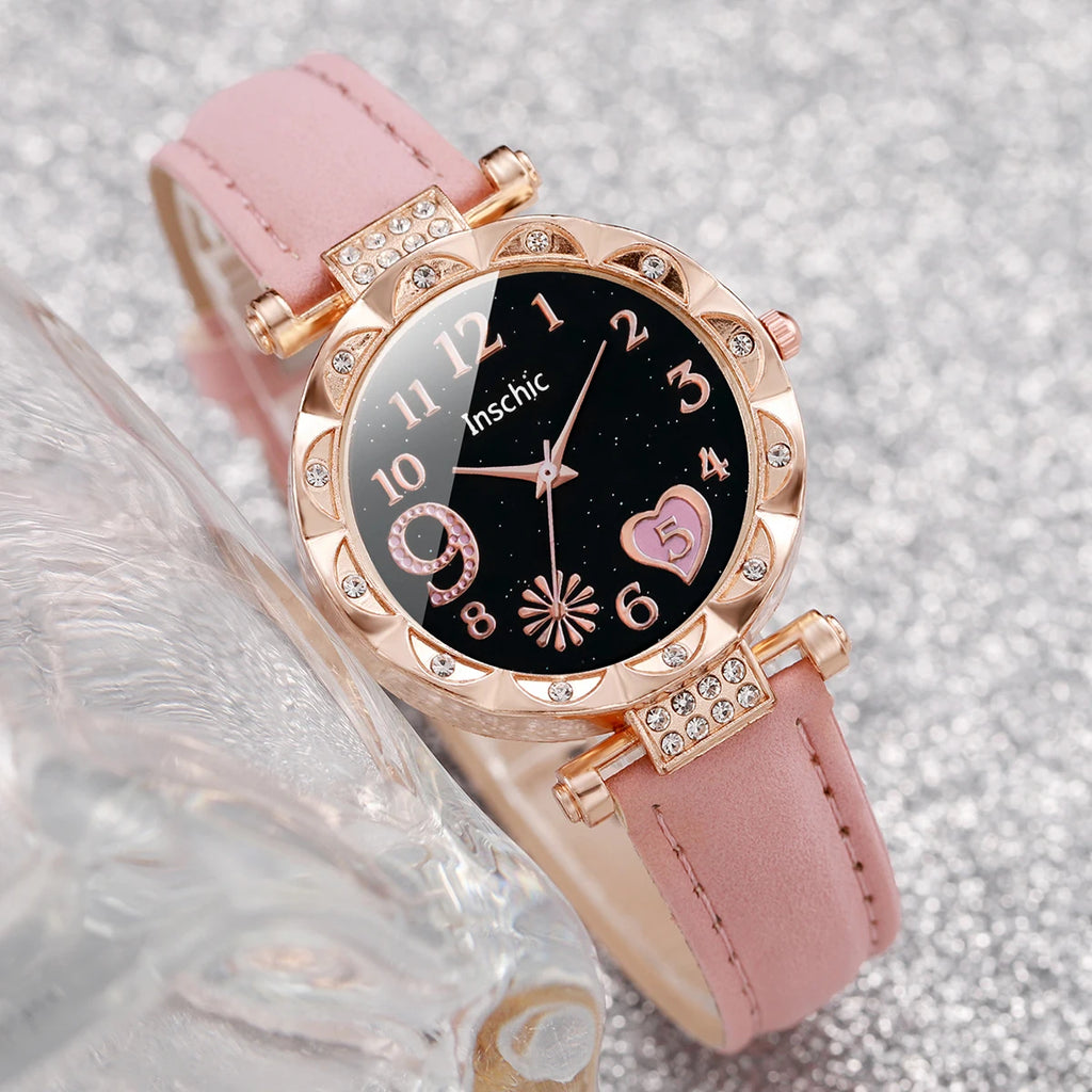 6-Piece Women’s Leather Strap Quartz Watch & Layered Leaf Bracelets Set（Without Box）