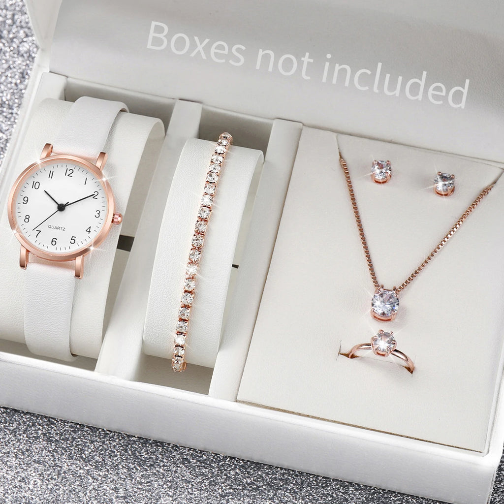 5-Piece Women’s White Leather Quartz Watch & Solitaire Diamond Jewelry Set | Tennis Bracelet, Ring & Necklace (without box)