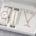 5-Piece Women’s White Leather Quartz Watch & Solitaire Diamond Jewelry Set | Tennis Bracelet, Ring & Necklace (without box)
