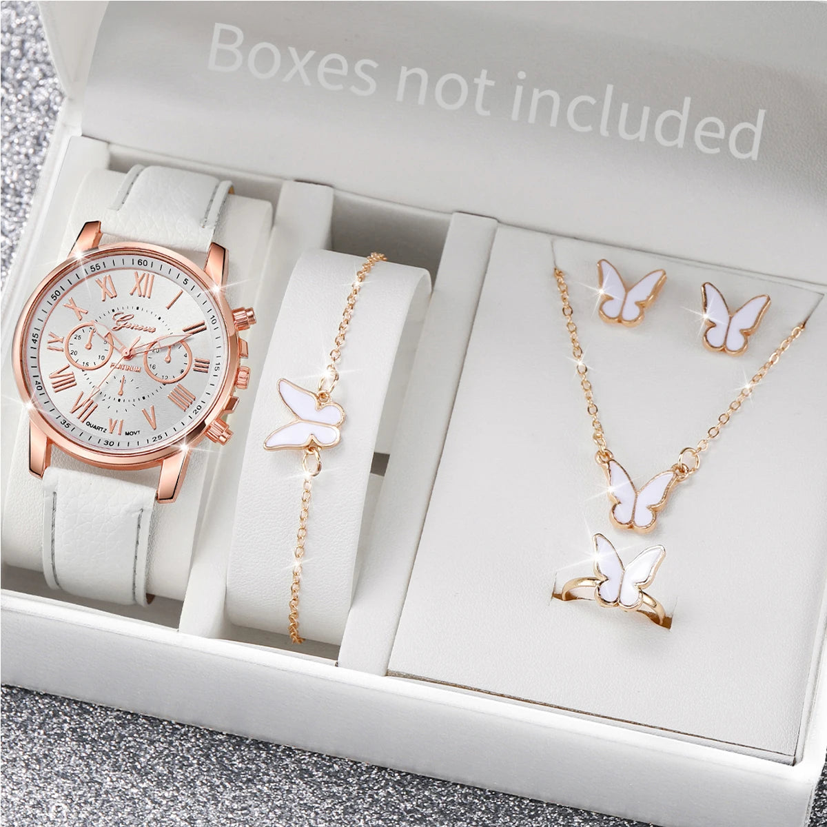 5-Piece Women's Pink Quartz Watch & Heart Jewelry Set | Leather Strap, Necklace, Ring & Earrings