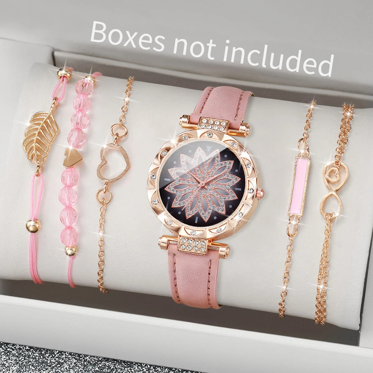 6-Piece Women's Leather Strap Quartz Watch & Layered Leaf Bracelets Set