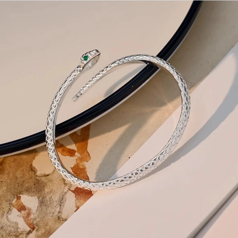 Silver Snake Cuff Bracelet | Adjustable Textured Open Bangle for Women