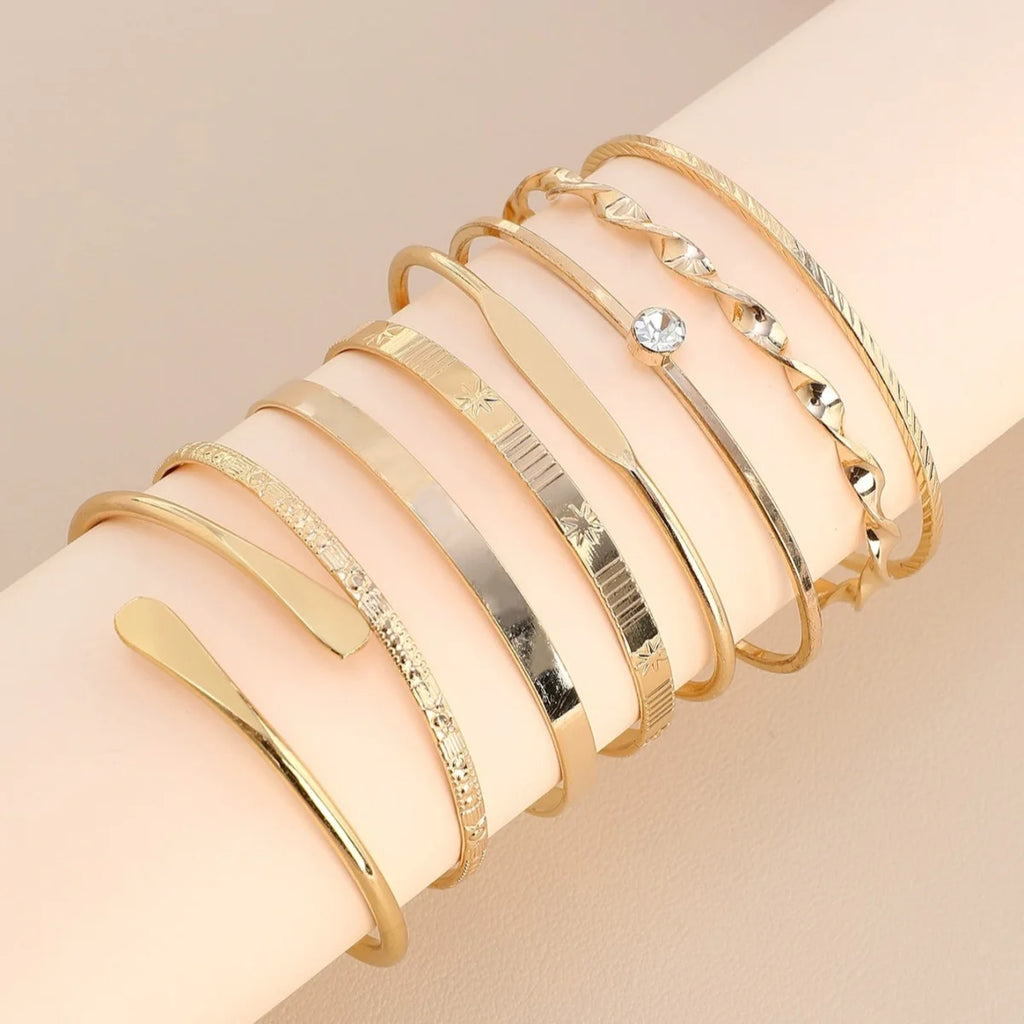 8 Piece Gold Crystal Bangle Set | Geometric & Twisted Stacking Bracelets