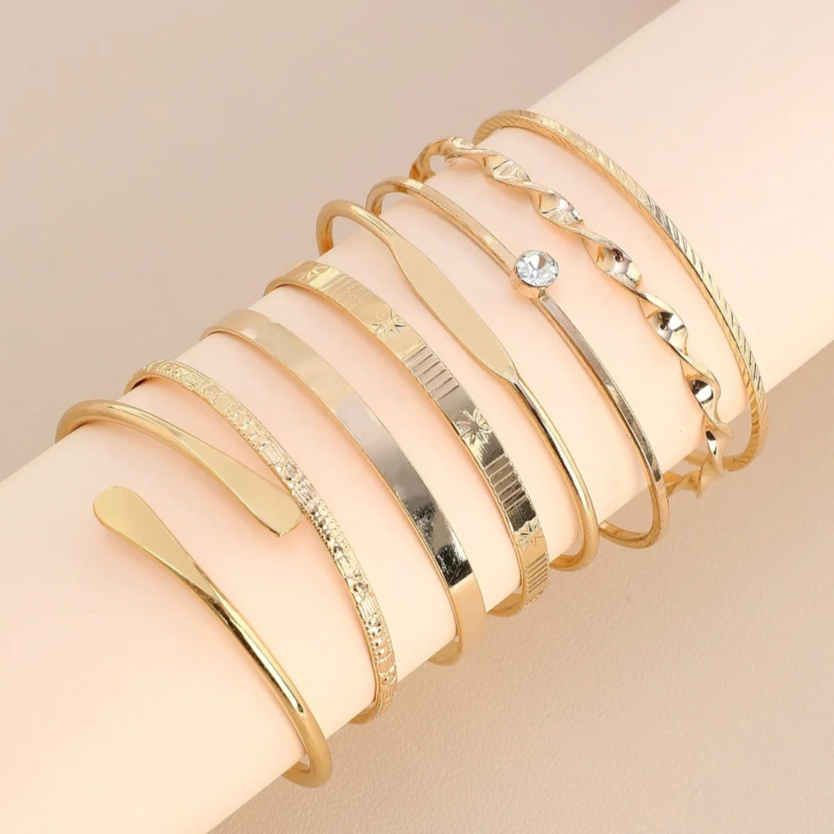 8 Piece Gold Crystal Bangle Set | Geometric & Twisted Stacking Bracelets