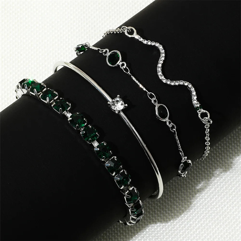 4-Piece Women’s Gold Snake & Emerald Tennis Bracelet Set | Crystal Bangle Stack