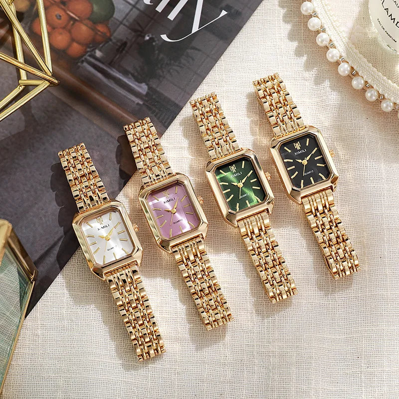Women’s Gold Rectangle Quartz Watch | Elegant Steel Link Wristwatch