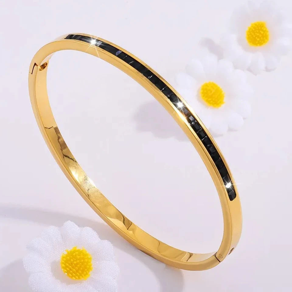 Stainless Steel Zirconia Bangle Set | Non-Fading Gold Stacking Bracelets for Women