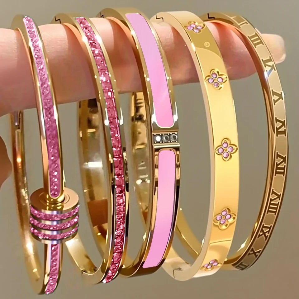 Stainless Steel Zirconia Bangle Set | Non-Fading Gold Stacking Bracelets for Women