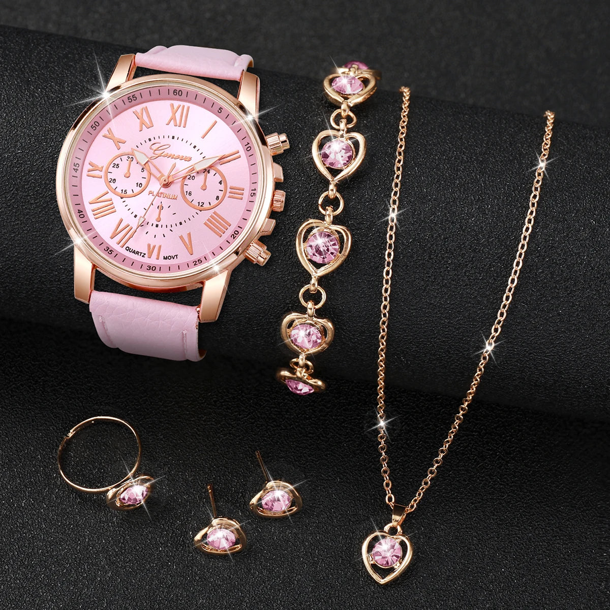 5-Piece Women's Pink Quartz Watch & Heart Jewelry Set | Leather Strap, Necklace, Ring & Earrings