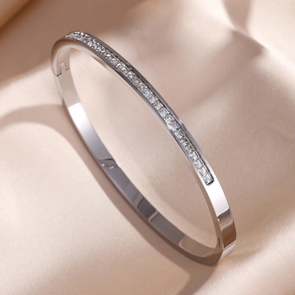 Stainless Steel Zirconia Bangle Set | Non-Fading Gold Stacking Bracelets for Women