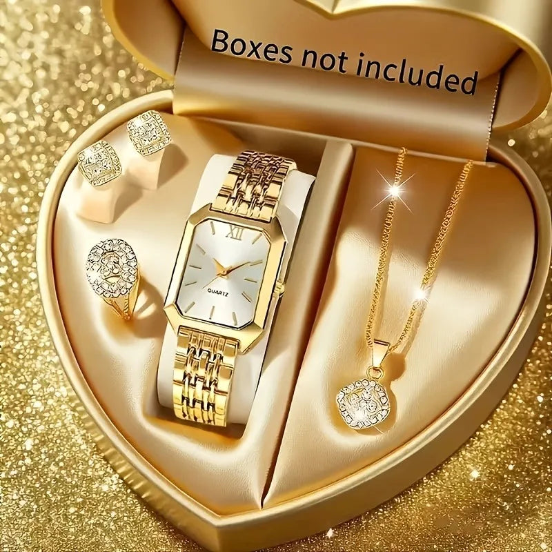 5-Piece Women’s Gold Quartz Watch & Jewelry Set | Rectangular Watch, Necklace, Ring & Earrings