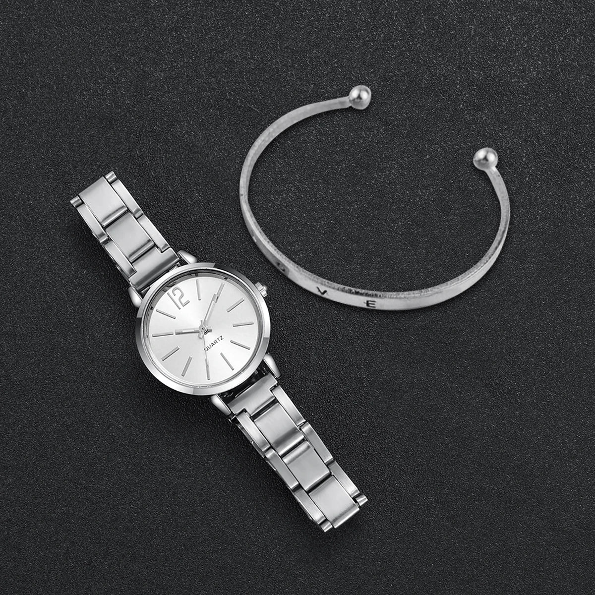 2-Pcs Women’s Gold Steel Watch & LOVE Bracelet Set | Round Quartz Wristwatch