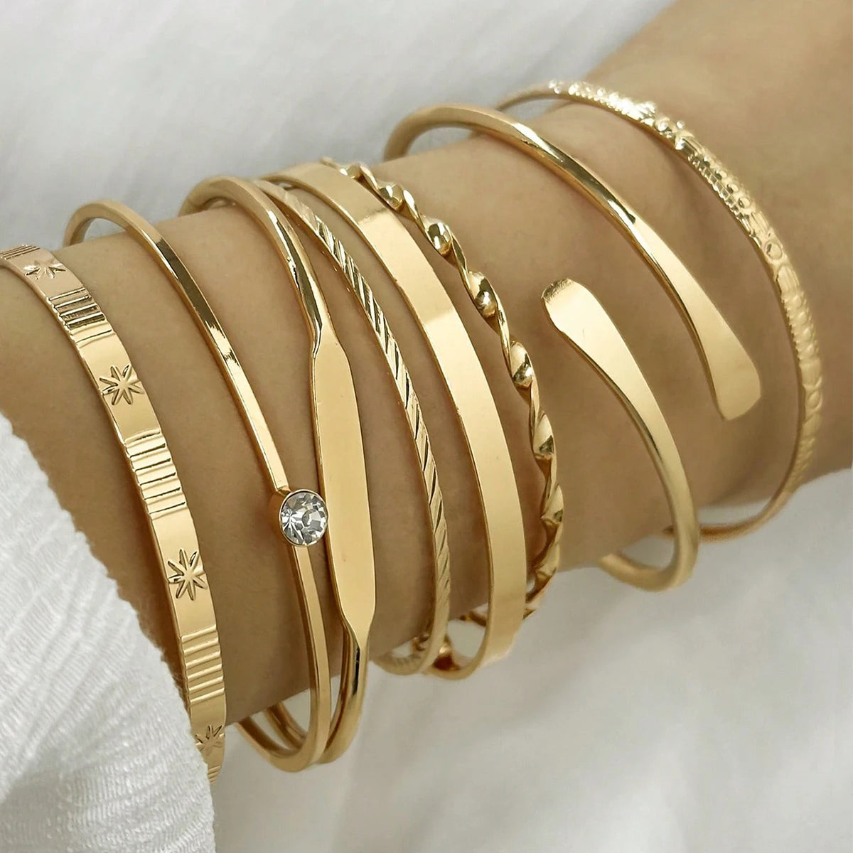 8 Piece Gold Crystal Bangle Set | Geometric & Twisted Stacking Bracelets