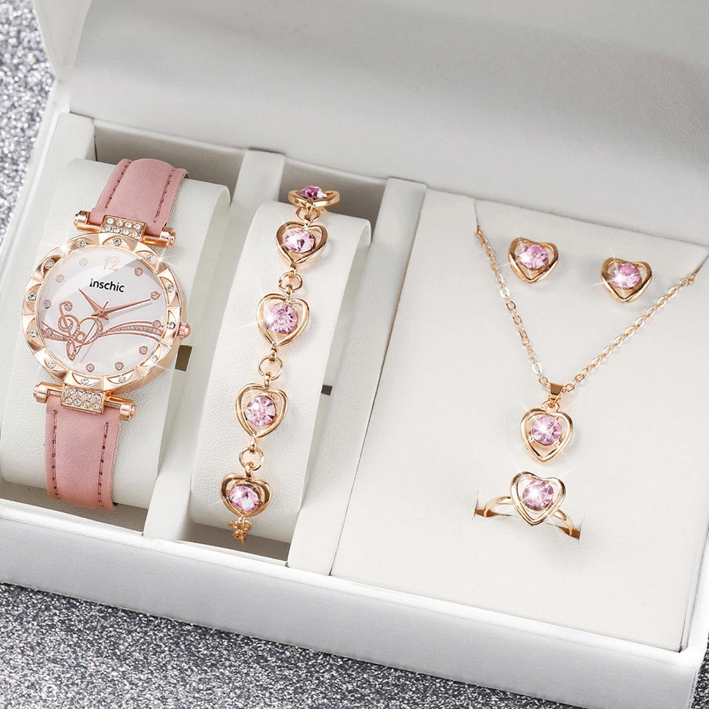 6-Piece Women’s White Quartz Watch & Crystal Heart Jewelry Set | Leather Strap Watch, Necklace, Ring & Earrings (Without Box）