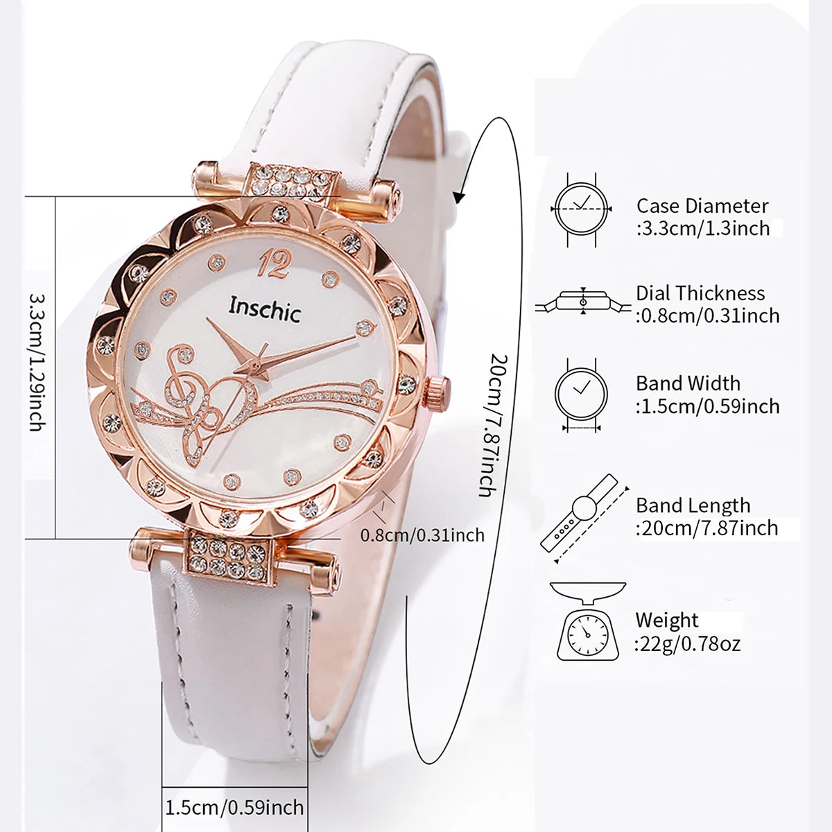 6-Piece Women’s White Quartz Watch & Crystal Heart Jewelry Set | Leather Strap Watch, Necklace, Ring & Earrings (Without Box）