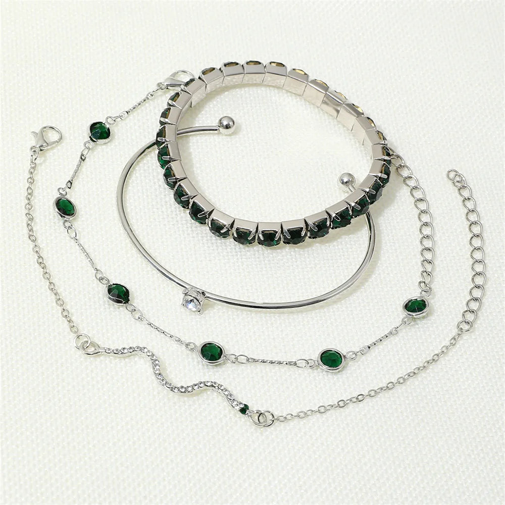 4-Piece Women’s Gold Snake & Emerald Tennis Bracelet Set | Crystal Bangle Stack