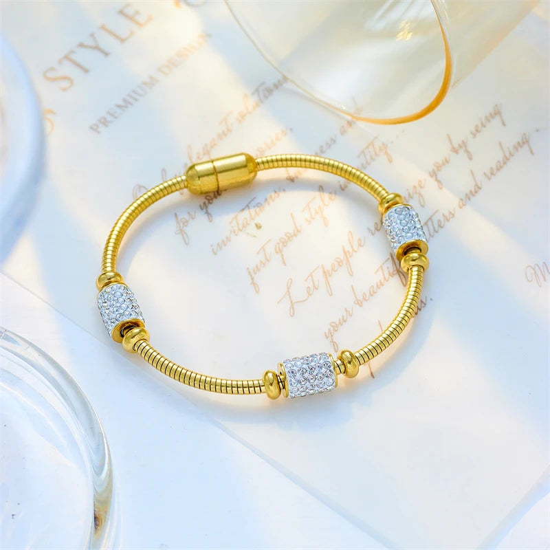 Gold Zirconia Beaded Snake Chain Bracelet | Magnetic Stainless Steel Jewelry