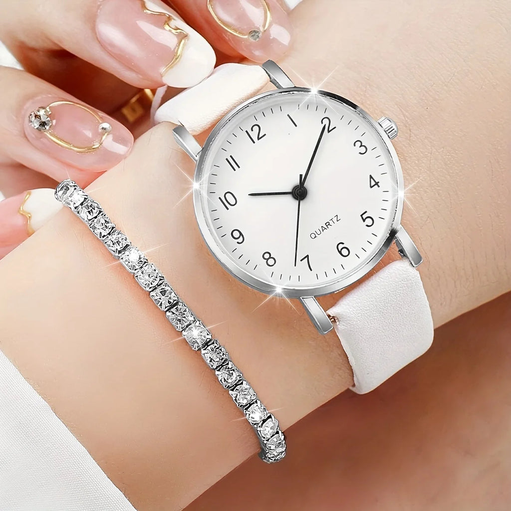 5-Piece Women’s White Leather Quartz Watch & Solitaire Diamond Jewelry Set | Tennis Bracelet, Ring & Necklace (without box)
