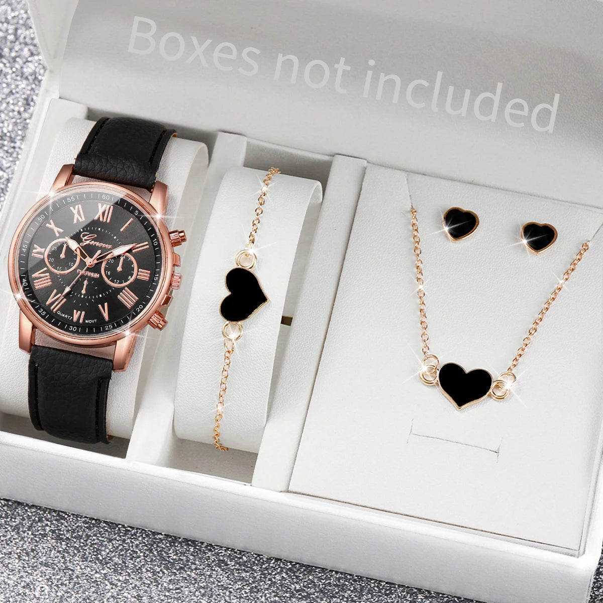 5-Piece Women's Pink Quartz Watch & Heart Jewelry Set | Leather Strap, Necklace, Ring & Earrings