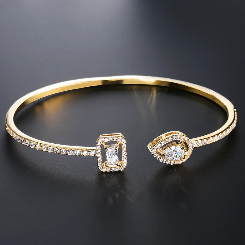 Women’s Gold Geometric Open Cuff Bangle | Teardrop & Rectangle Cubic Zirconia Bracelet