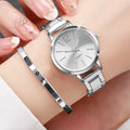 2-Pcs Women’s Gold Steel Watch & LOVE Bracelet Set | Round Quartz Wristwatch