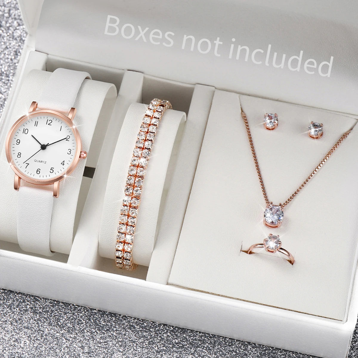 5-Piece Women's White Leather Quartz Watch & Solitaire Diamond Jewelry Set | Tennis Bracelet, Ring & Necklace
