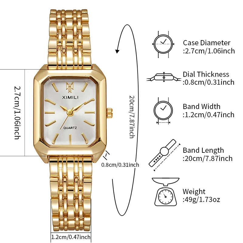 Women’s Gold Rectangle Quartz Watch | Elegant Steel Link Wristwatch