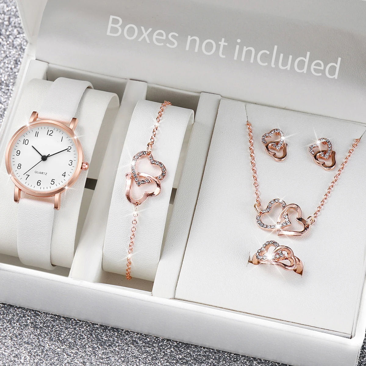 5-Piece Women's White Leather Quartz Watch & Solitaire Diamond Jewelry Set | Tennis Bracelet, Ring & Necklace