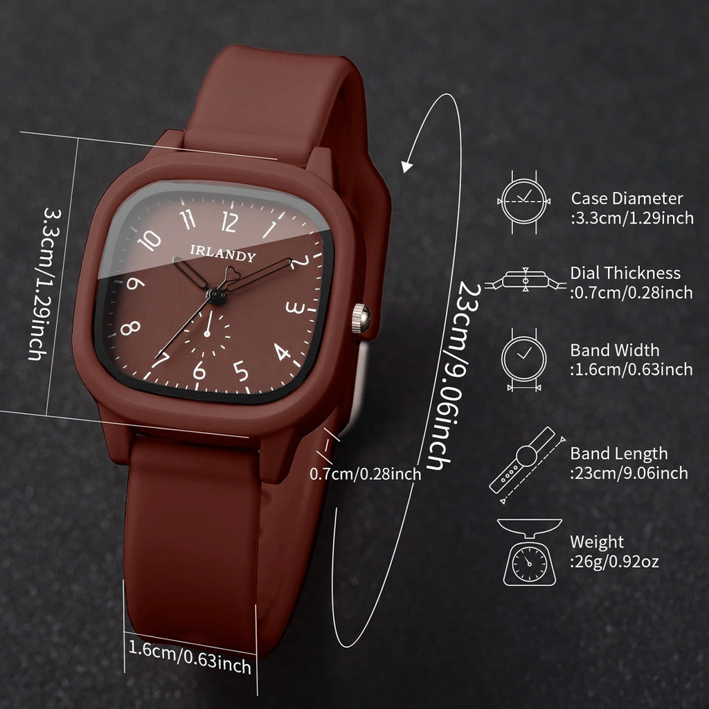 2-Pcs Women’s Square Silicone Quartz Watch & Heart Bracelet Set | Brown Dial Wristwatch (Without Box)