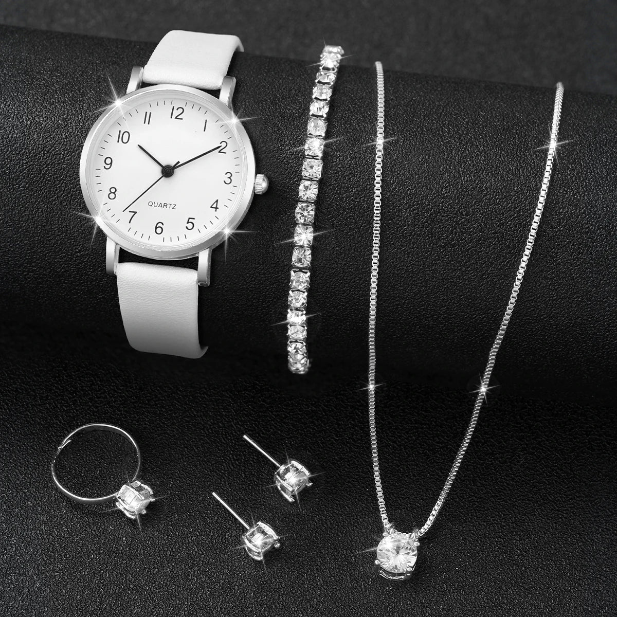 5-Piece Women's White Leather Quartz Watch & Solitaire Diamond Jewelry Set | Tennis Bracelet, Ring & Necklace