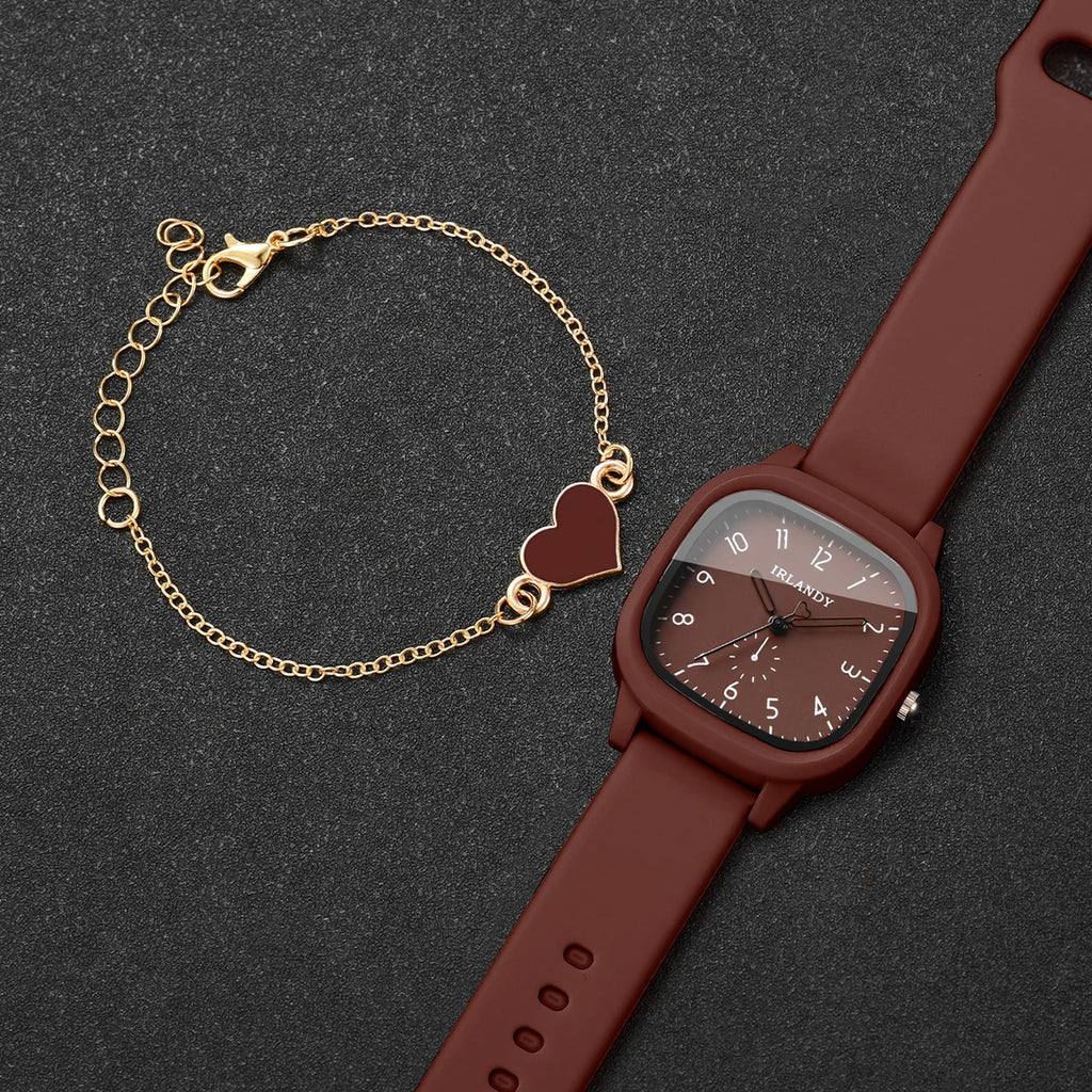 2-Pcs Women’s Square Silicone Quartz Watch & Heart Bracelet Set | Brown Dial Wristwatch (Without Box)