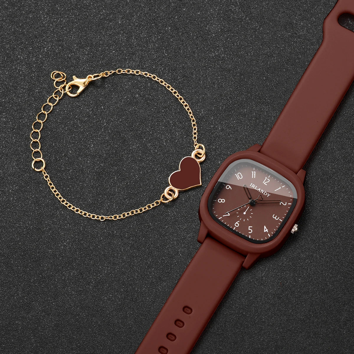 2-Pcs Women’s Square Silicone Quartz Watch & Heart Bracelet Set | Brown Dial Wristwatch (Without Box)