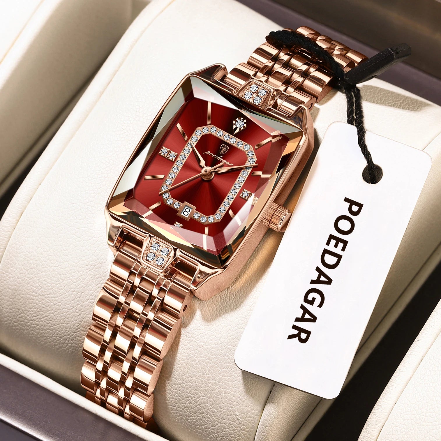 Rose Gold Square Watch | Emerald Dial Stainless Steel Quartz Wristwatch