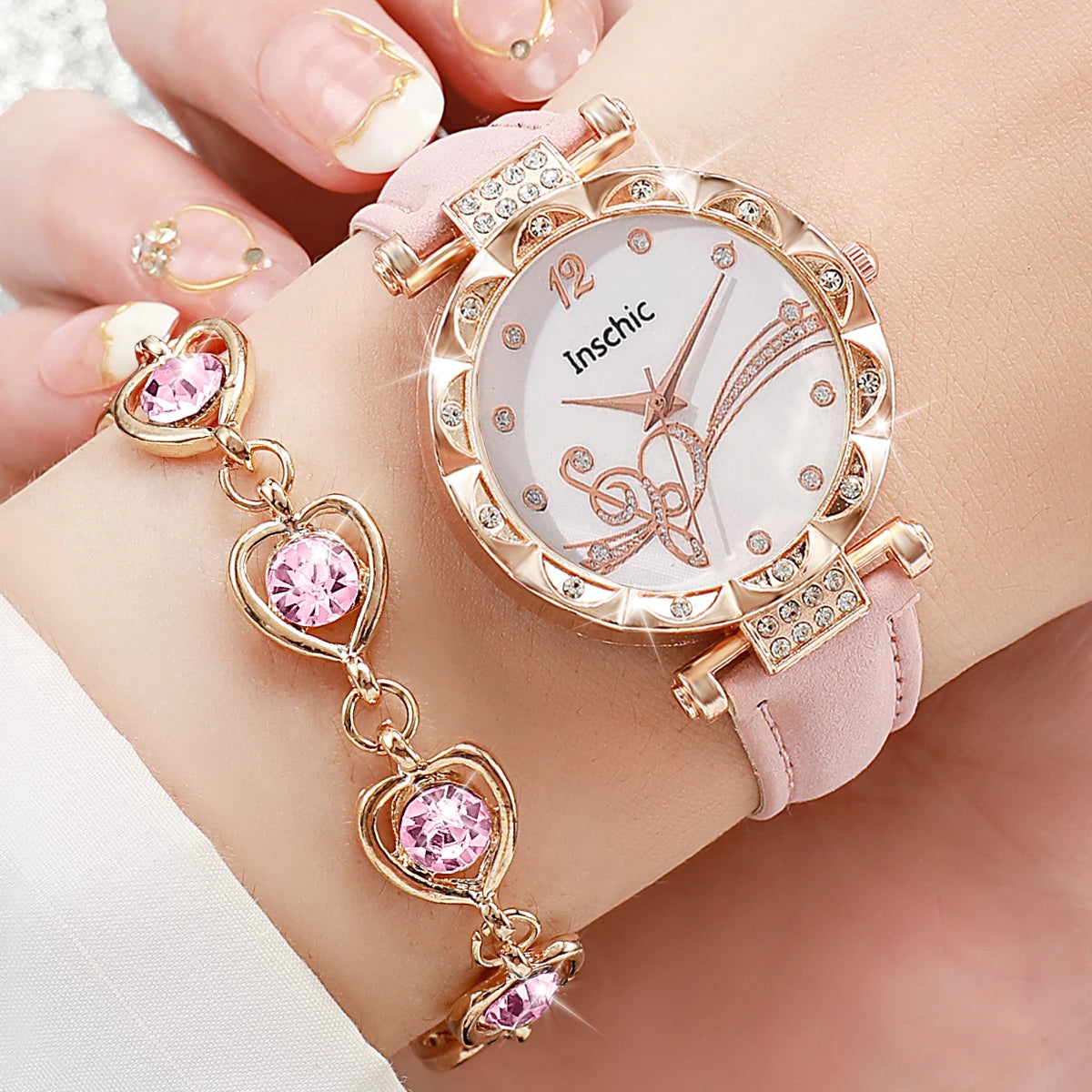 6-Piece Women’s White Quartz Watch & Crystal Heart Jewelry Set | Leather Strap Watch, Necklace, Ring & Earrings (Without Box）