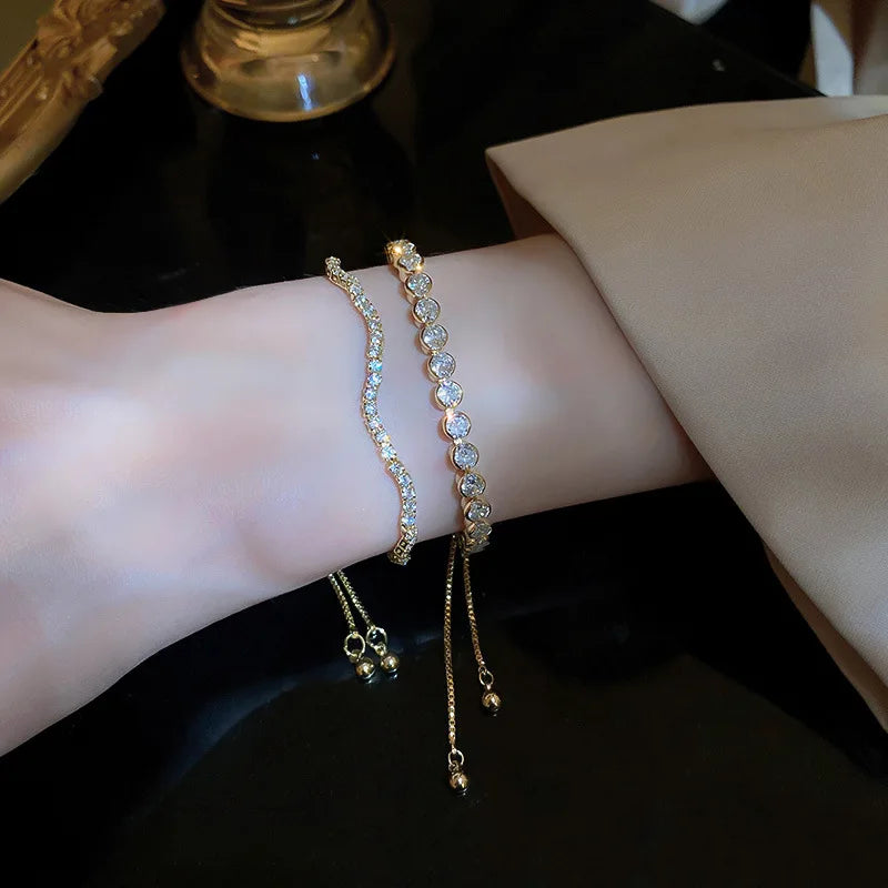 Adjustable Crystal Wave Bracelet | Gold Tennis Slider for Women & Weddings