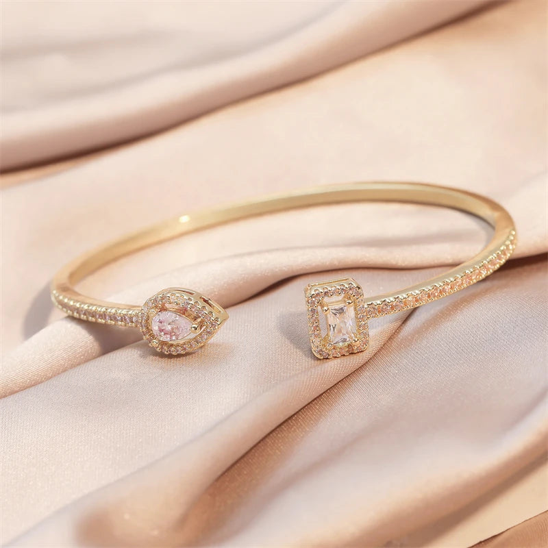 Women’s Gold Geometric Open Cuff Bangle | Teardrop & Rectangle Cubic Zirconia Bracelet