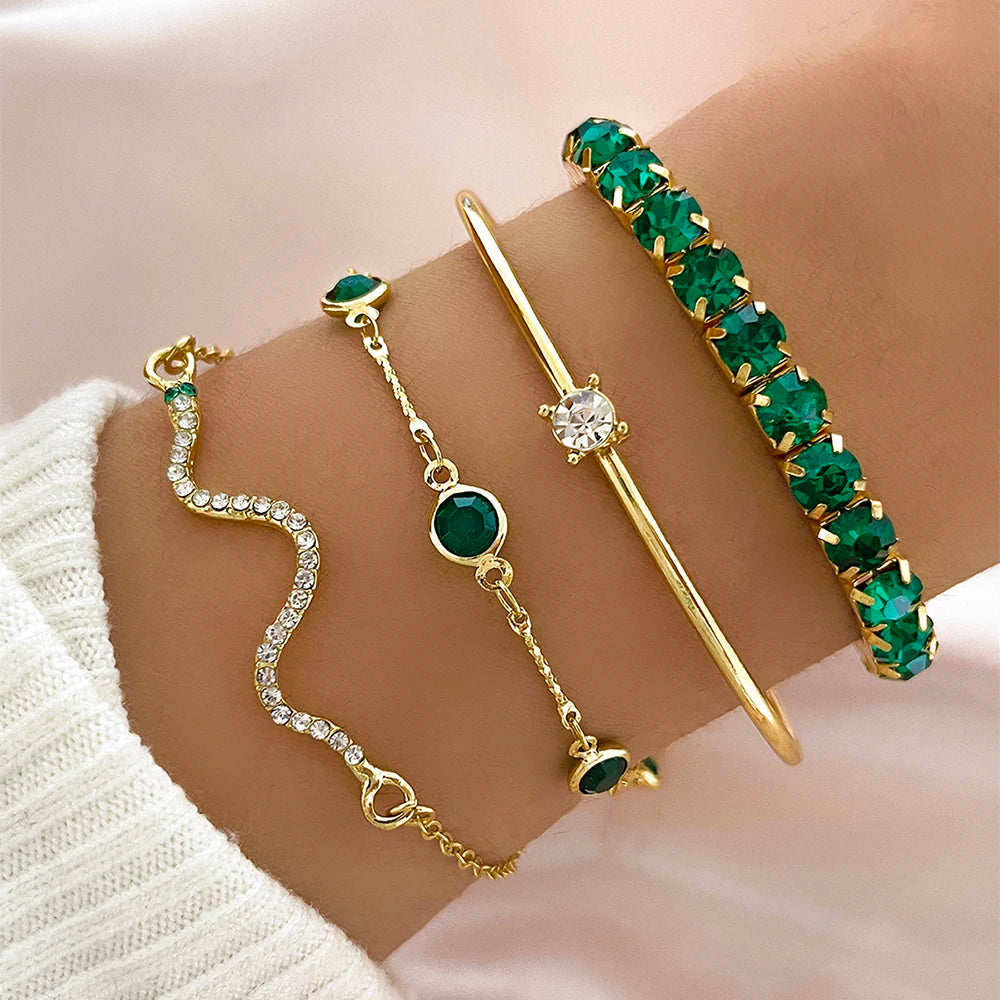 4-Piece Women’s Gold Snake & Emerald Tennis Bracelet Set | Crystal Bangle Stack