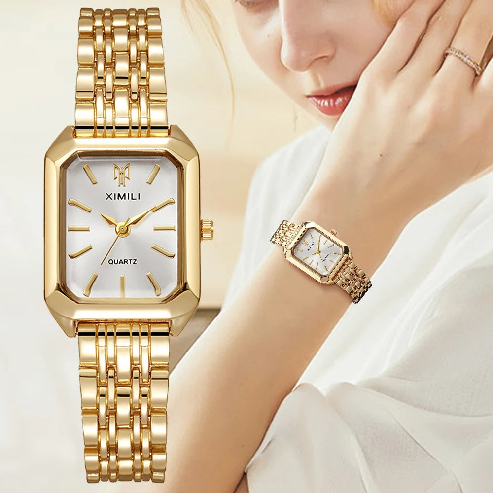 Women’s Gold Rectangle Quartz Watch | Elegant Steel Link Wristwatch
