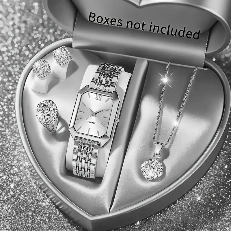5-Piece Women’s Gold Quartz Watch & Jewelry Set | Rectangular Watch, Necklace, Ring & Earrings