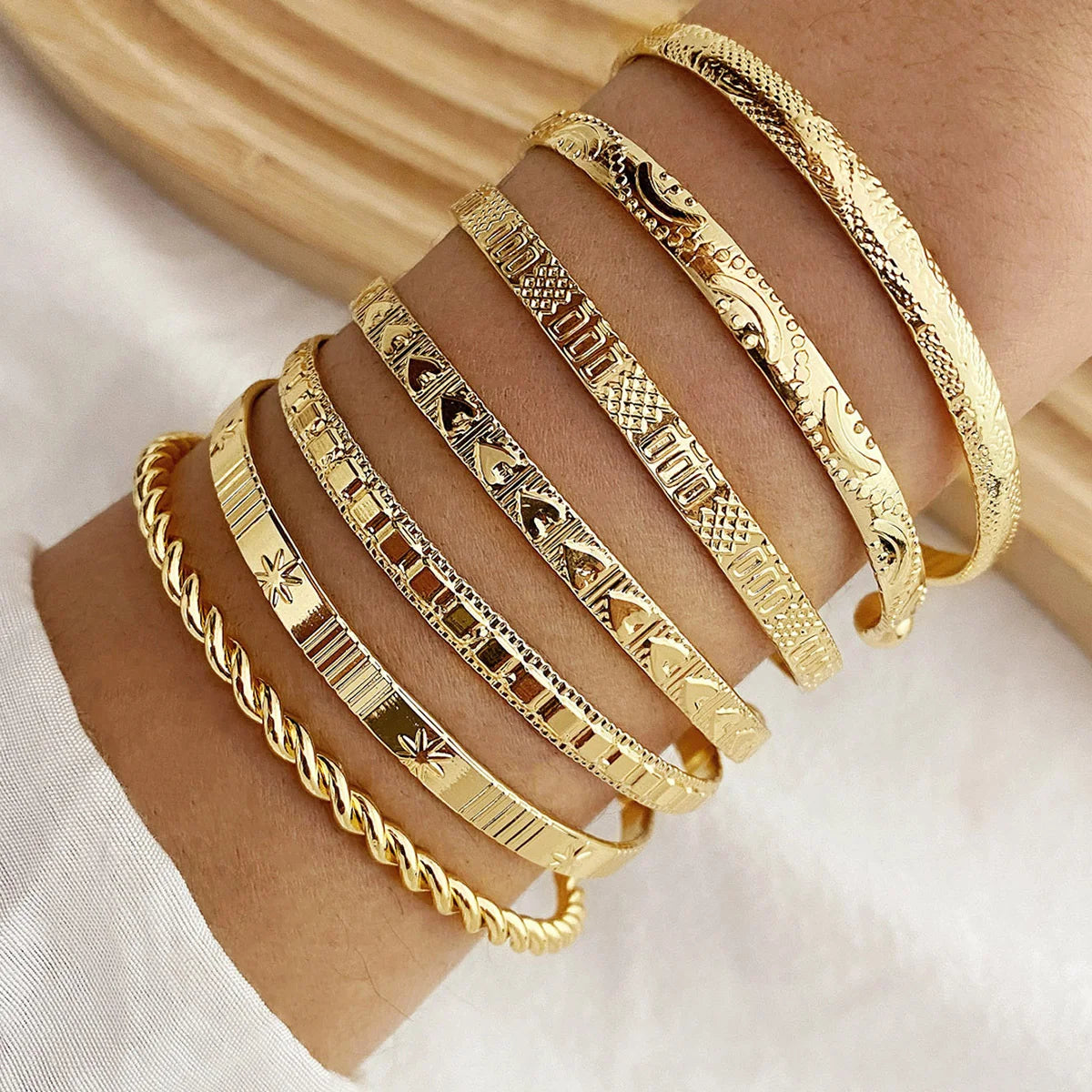 7 Piece Gold Open Bangle Set | Boho Heart Stacking Bracelets for Women
