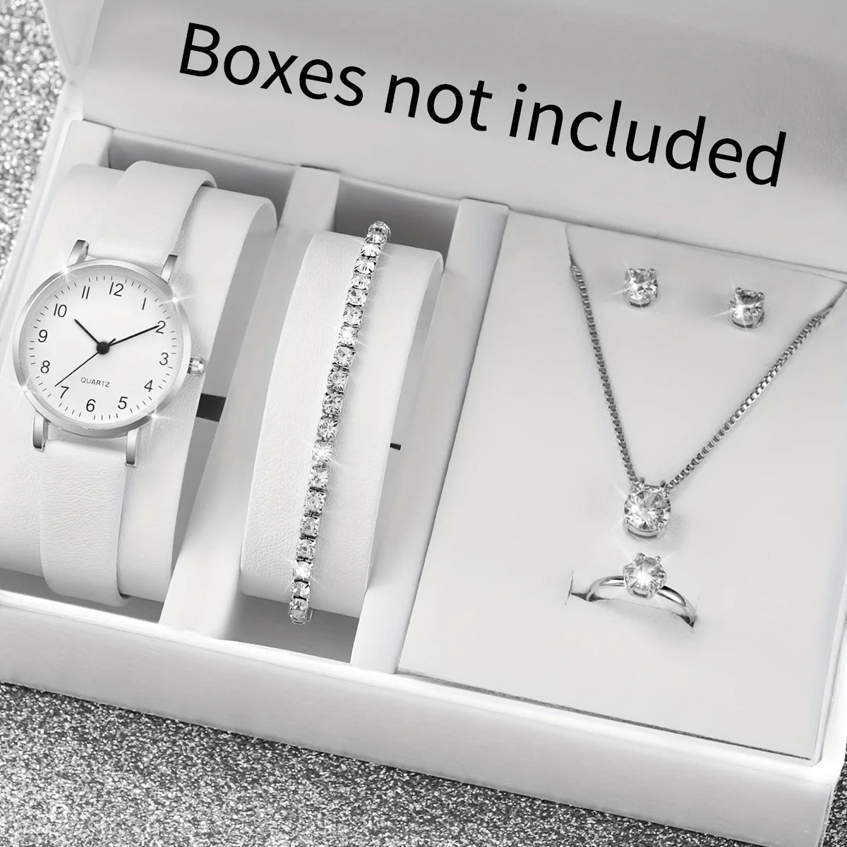 5-Piece Women’s White Leather Quartz Watch & Solitaire Diamond Jewelry Set | Tennis Bracelet, Ring & Necklace (without box)