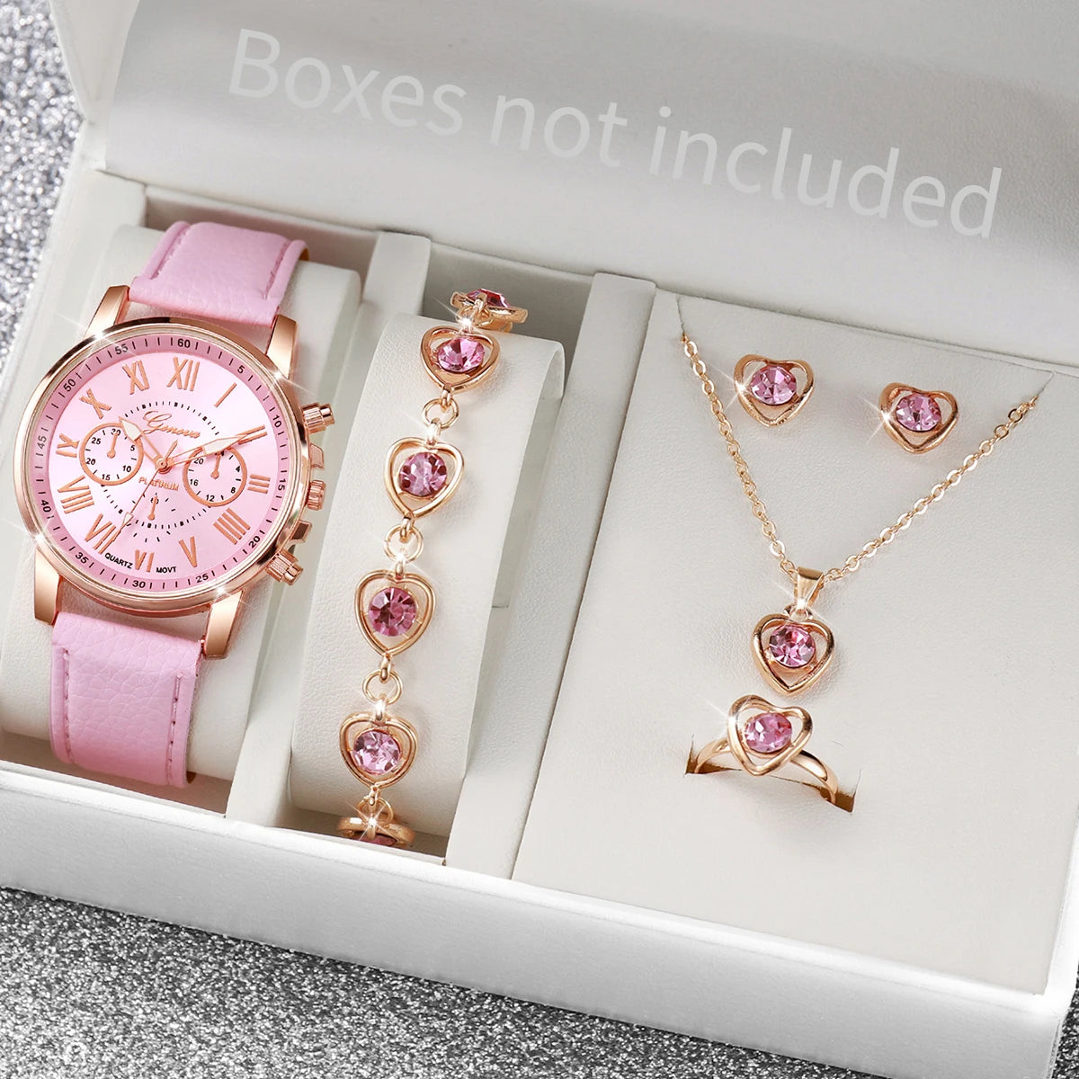 5-Piece Women’s Pink Quartz Watch & Heart Jewelry Set | Leather Strap Watch, Necklace, Ring & Earrings (Without Box)