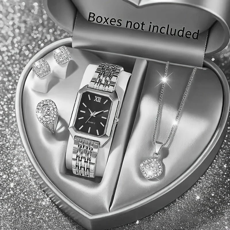 5-Piece Women’s Gold Quartz Watch & Jewelry Set | Rectangular Watch, Necklace, Ring & Earrings