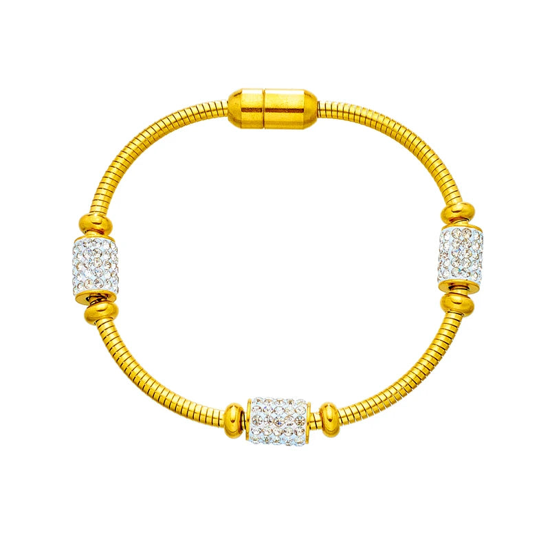 Gold Zirconia Beaded Snake Chain Bracelet | Magnetic Stainless Steel Jewelry