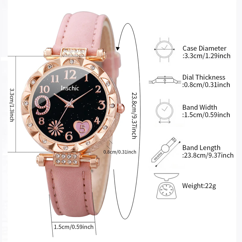 6-Piece Women’s Leather Strap Quartz Watch & Layered Leaf Bracelets Set（Without Box）