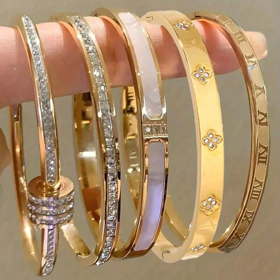 Stainless Steel Zirconia Bangle Set | Non-Fading Gold Stacking Bracelets for Women