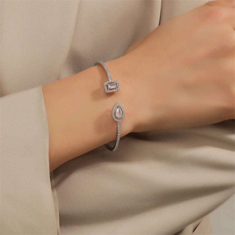 Women’s Gold Geometric Open Cuff Bangle | Teardrop & Rectangle Cubic Zirconia Bracelet