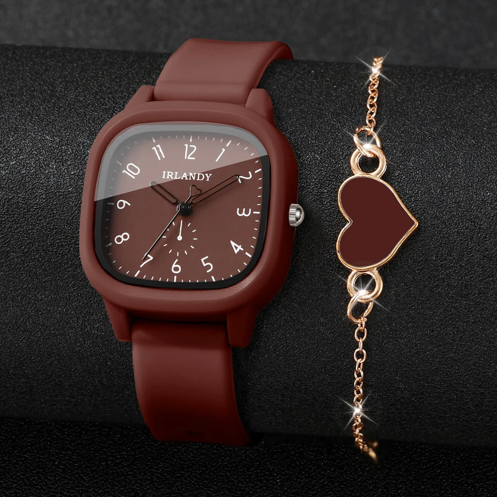 2-Pcs Women’s Square Silicone Quartz Watch & Heart Bracelet Set | Brown Dial Wristwatch (Without Box)